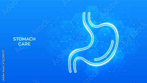 Stomach care. Treatment of stomach and digestive system diseases. Stomach icon. Gastroenterology clinic medical banner. Molecular structure. Blue medical background with hexagons. Vector illustration.