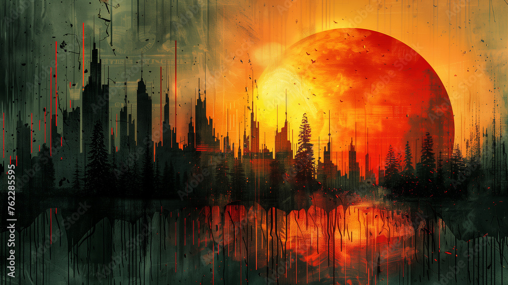 A painting of a city with a large red sun in the background