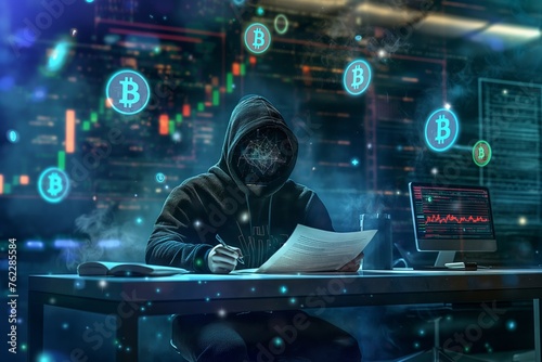 A hacker wearing an anonymous mask with a cryptocurrency digital financial background cartoon illustration symbolizing computer security of financial and crypto assets, bitcoin