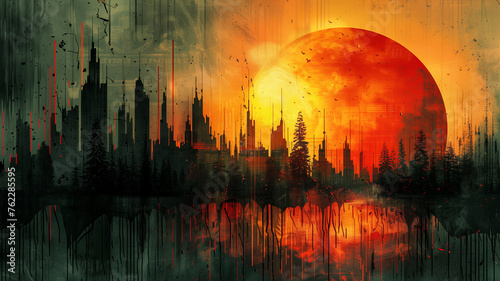A painting of a city with a large red sun in the background © CtrlN