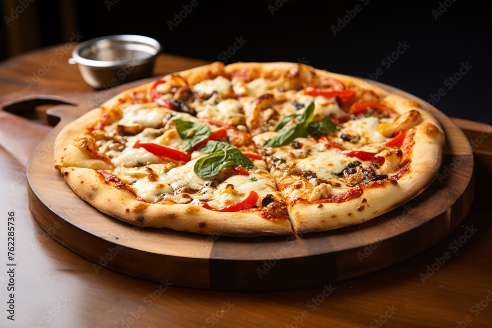a pizza on a wood plate