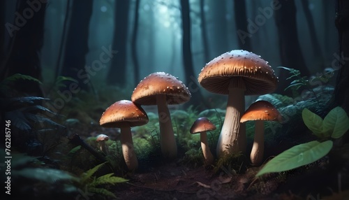 Magical mushrooms in a dark mystery forest
