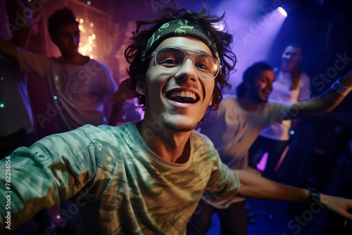 Portrait of happy guy smiling at camera while having fun at nightclub with his friends, generative AI