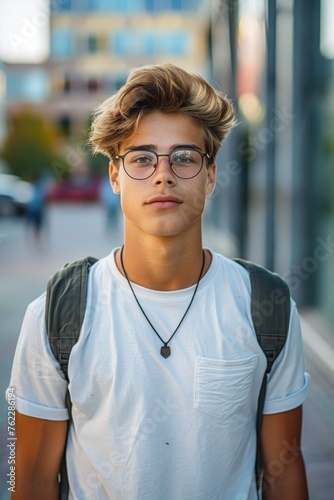 A young man wearing glasses and a backpack.