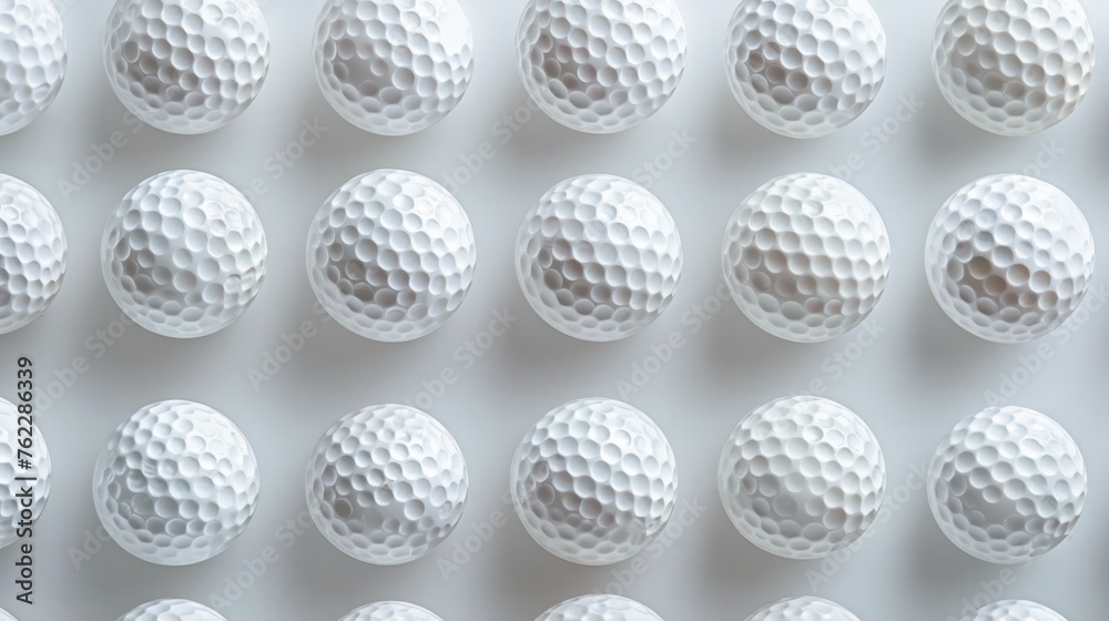 Close-up on the texture of golf balls, meticulously placed for a striking ad visual on white