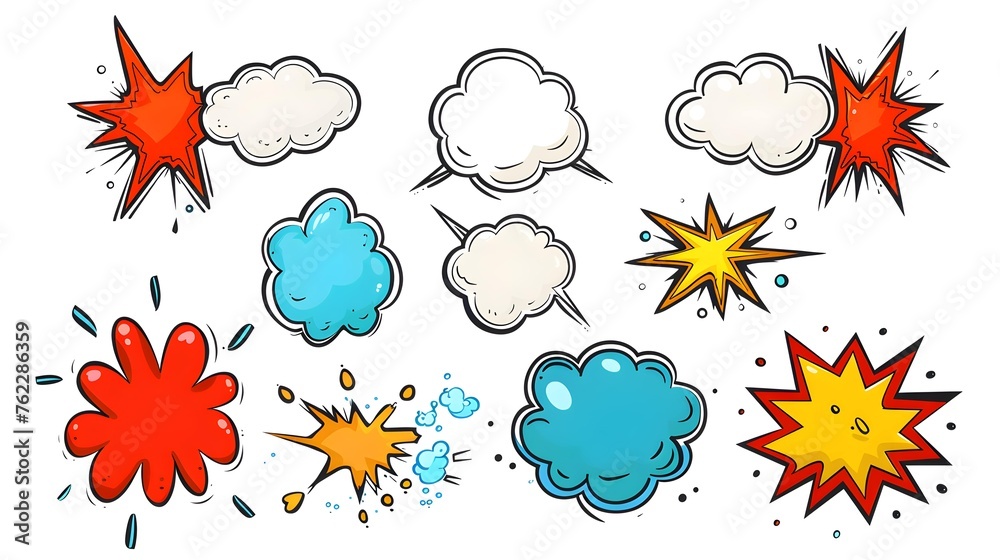 Cartoon comic sign burst clouds. Speech bubble, boom sign expression and pop art text frames. Comics mem expressions speech, superhero book bubbles label. Isolated vector symbols set - obrazy, fototapety, plakaty 