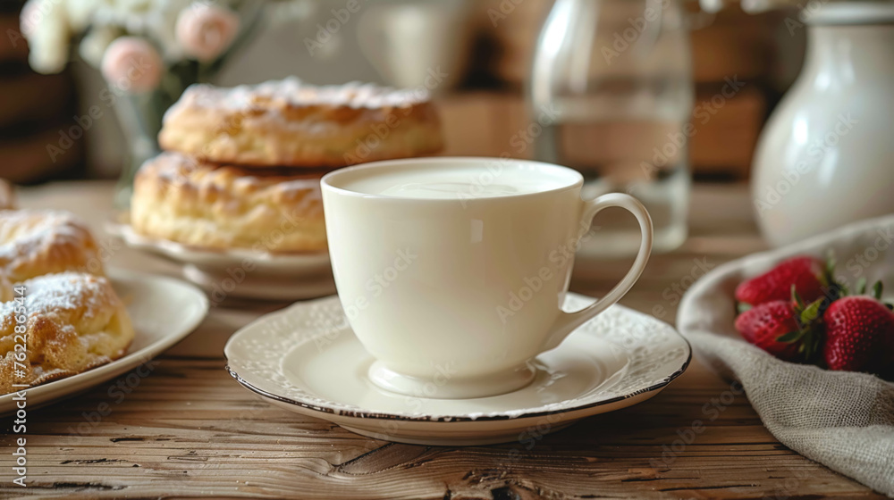 A cup of milk on a wooden table with pastries and berries. A cup of milk on a wooden table with pastries and berries.
