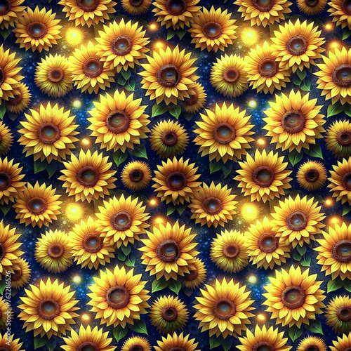 Seamless Sunflower Pattern with Glowing Lights