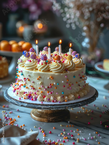 Birthday cake decorated with cream  colored sprinkles and burning candles.