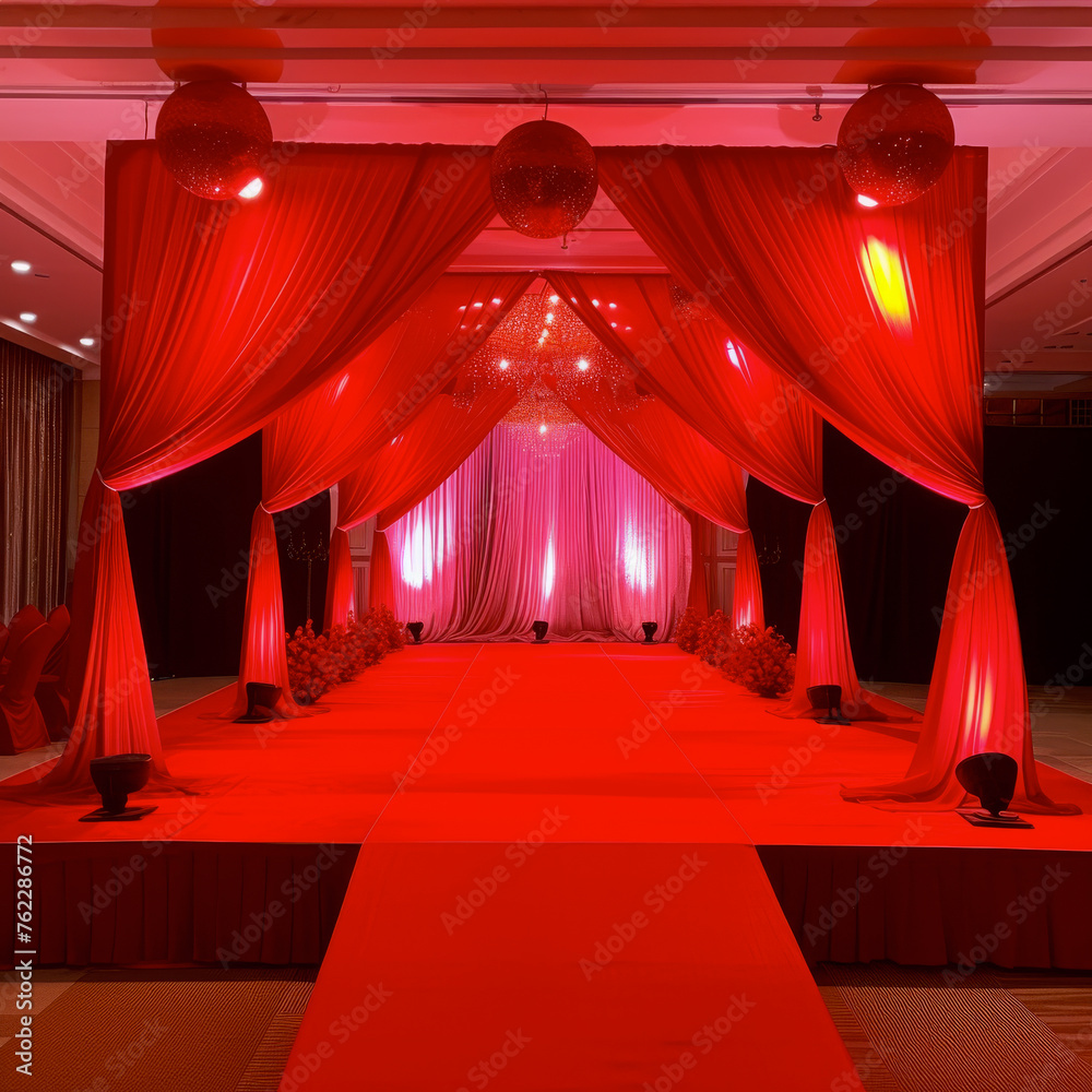 Red draped entryway with glowing spheres. Event venue decoration. Wedding or gala reception concept. Design for invitation, event planning, and hospitality industry Red draped entryway with glowing spheres. Event venue decoration. Wedding or gala reception concept. Design for invitation, event planning, and hospitality industry