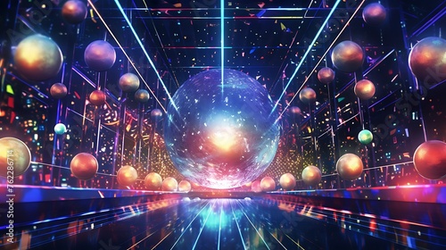 a disco lights setting with mirror balls, chrome lattice elements, and sparkling stars to create a visually stunning and immersive experience attractive look