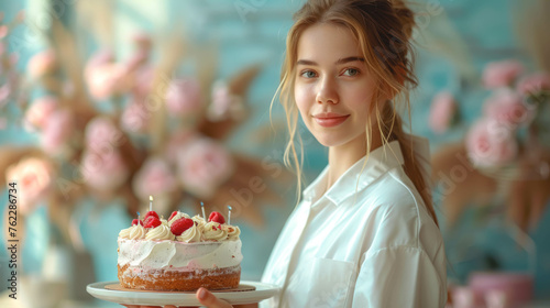 Young woman with a birthday cake decorated with fresh raspberries.