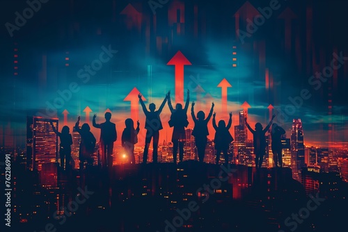 Business people celebrate success with an upward arrow showing progress, in the style of silhouette graphic, teamwork achievement