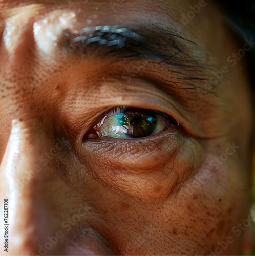 super close-up detail of the eyes of a middle-aged, 40-year-old Japanese male. In the background, a forest can be seen.