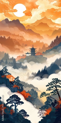 A painting of a mountain landscape with a pagoda in the distance. © tilialucida