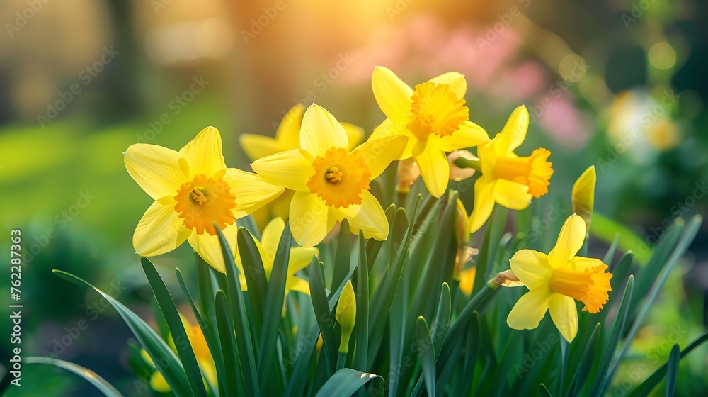 Obraz premium Close up of yellow narcissus flowers freshly bloomed in an outdoor flowerbed