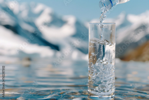 Erfrischendes Mineralwasser in der Natur vor verschneiten Bergen