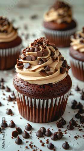 Close-up, chocolate cupcakes with white cream and chocolate crisps.