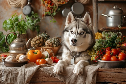 Husky Dog Sitting in Front of Table Full of Food photo