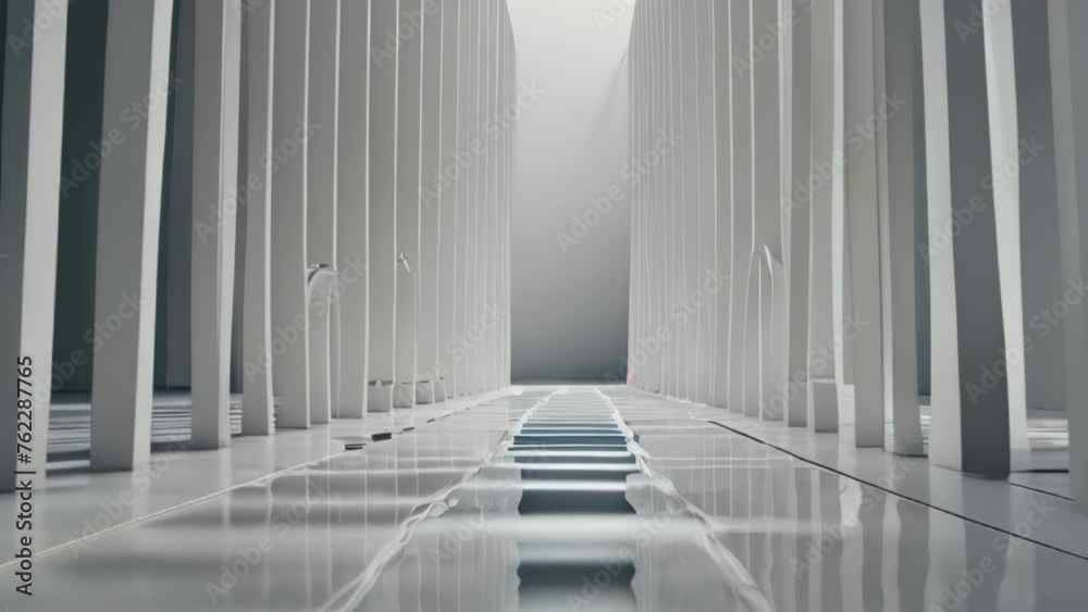 Symmetrical white columns line both sides, with light filtering through, creating a fantastical atmosphere. 