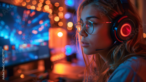 A woman wearing glasses and headphones is playing a video game