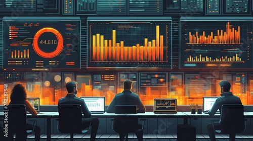 Businesspeople together in a room with financial charts background, flat cartoon illustration
