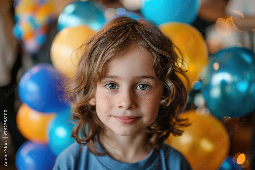 Portrait of a child on his birthday in the photo zone with balloons Portrait of a child on his birthday in the photo zone with balloons