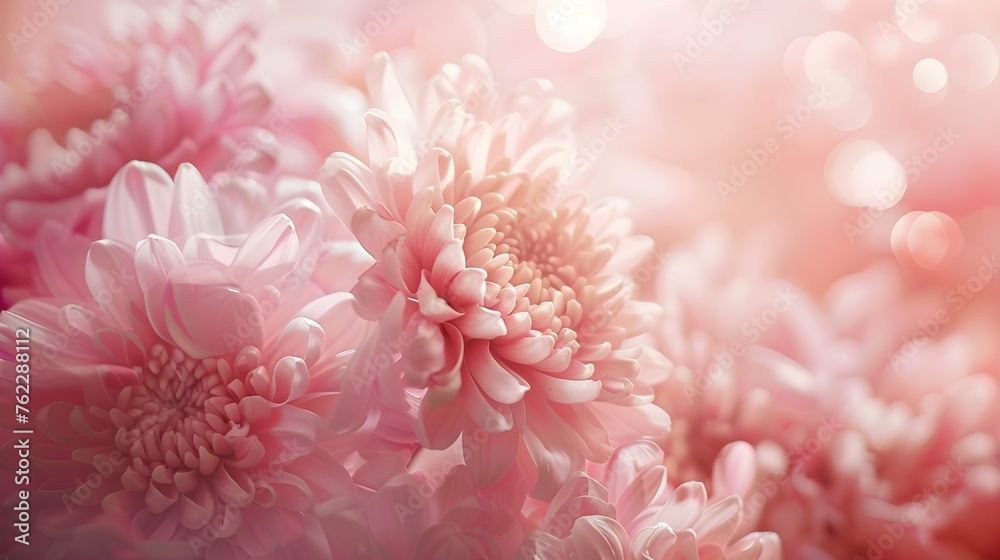 Close-up of chrysanthemum flowers in pink tones with a backdrop of soft lights, ideal for creating a romantic and elegant atmosphere