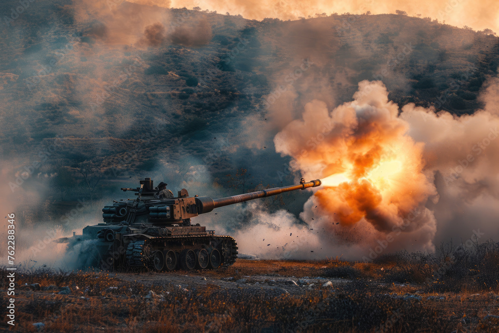 Fototapeta premium Military tank on the battlefield, concept of war
