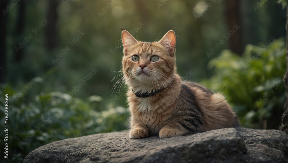 Fototapeta premium A beautiful cat is sitting on a rock in the forest