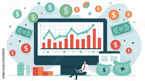 A trader looking at stocks market trading graph chart on a computer screen. Technical analysis candlestick chart. Global stock exchanges. Trading strategy illustration in flat style