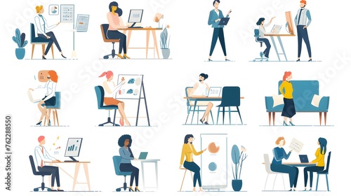 Collection of illustrations with people working in the office, making a presentation, negotiating and discussing business issues, developing ideas photo