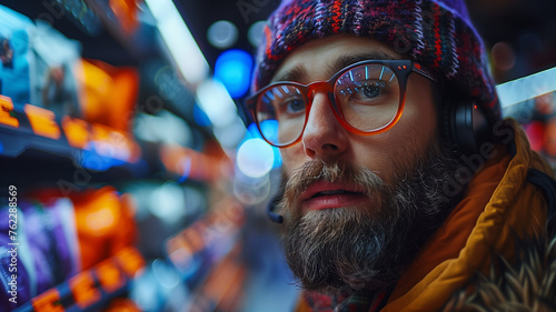 A man with glasses and a beard is looking at a shelf of items © CtrlN