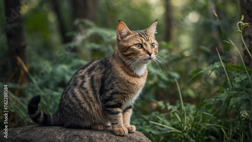 A beautiful cat is sitting on a rock in the forest