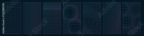 Set of perspective and distorted neon grid patterns. Retrowave, synthwave, rave, vaporwave Blue and purple colors. Trendy retro 1980s, 1990s style. Linear gradient vector illustration. photo