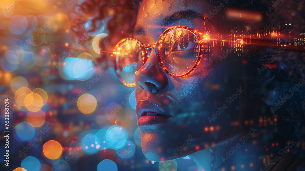 A woman wearing glasses is looking at a blurry image of herself A woman wearing glasses is looking at a blurry image of herself
