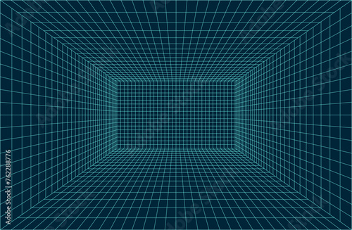 3d wireframe linear grid room. 3d perspective laser grid in Retrowave, synthwave, style. Cyberspace dark background with neon lines. Futuristic digital hallway space in virtual reality. Vector design.