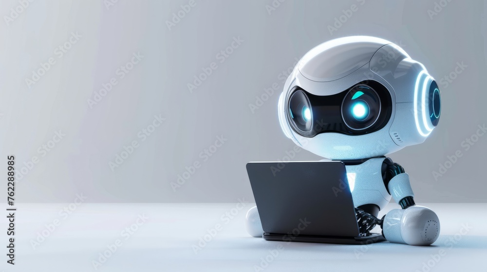 Cute friendly artificial intelligence robot using laptop computer with white neon glow light, light grey background, chatbot and AI assistant concept futuristic technology 3d illustration, banner Cute friendly artificial intelligence robot using laptop computer with white neon glow light, light grey background, chatbot and AI assistant concept futuristic technology 3d illustration, banner