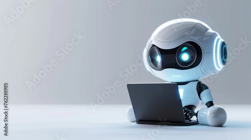Cute friendly artificial intelligence robot using laptop computer with white neon glow light, light grey background, chatbot and AI assistant concept futuristic technology 3d illustration, banner © Denis