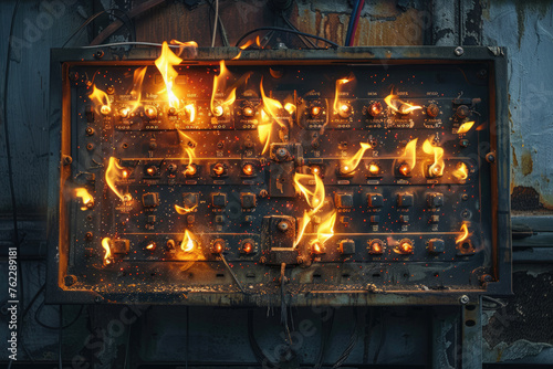Burning electrical panel, switchboard on fire after a short circuit