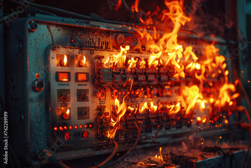 Burning electrical panel, switchboard on fire after a short circuit