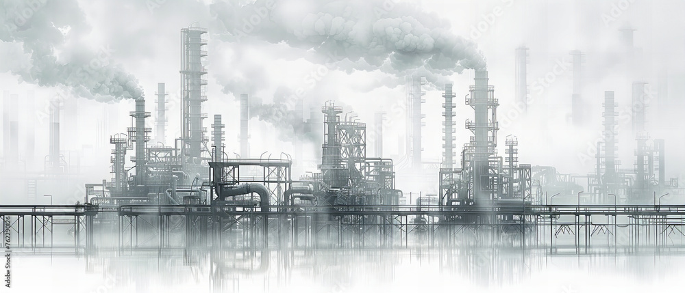 Industrial Night Scene at a Refinery, Gas and Energy Production with Pollution, Engineering and Petrochemical Plant