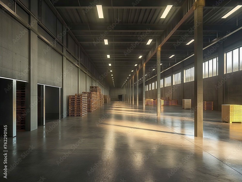 Expansive, well-lit warehouse space with rows of wooden pallets stored along the walls.