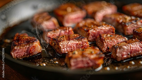 Close-up of Wagyu steak sizzling in a pan on a wood table, searing juices and releasing aromas photo