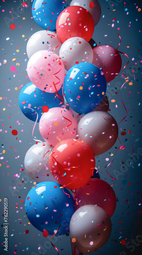Balloons of pastel colors and confetti on a gray background.