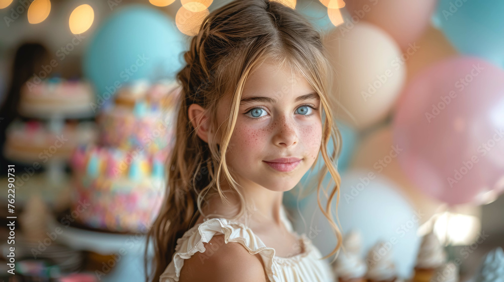 Portrait of a little girl at a birthday party on a blurred background. Portrait of a little girl at a birthday party on a blurred background.