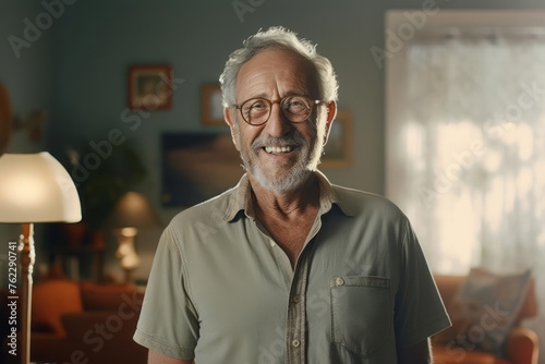 Happy smiling elderly man with short beard and glasses standing in the living room