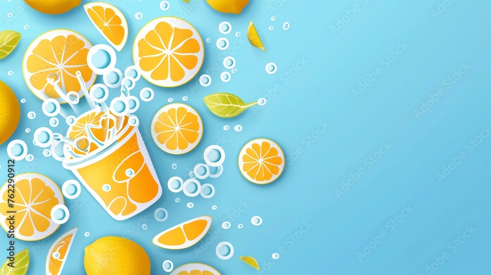 A blue background with a cup of orange juice and slices of oranges A blue background with a cup of orange juice and slices of oranges
