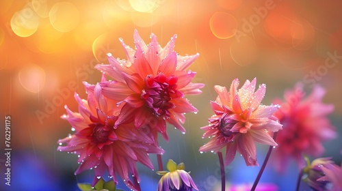 Colorful Dahlia Mix blooms with rain drops, in rustic garden in sunset background. Banner. © PSCL RDL