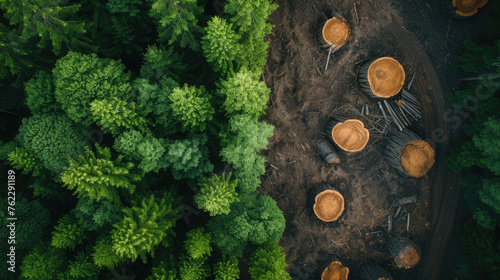 comparison half of a green dense forest, round logs, deforestation, view from the top photo